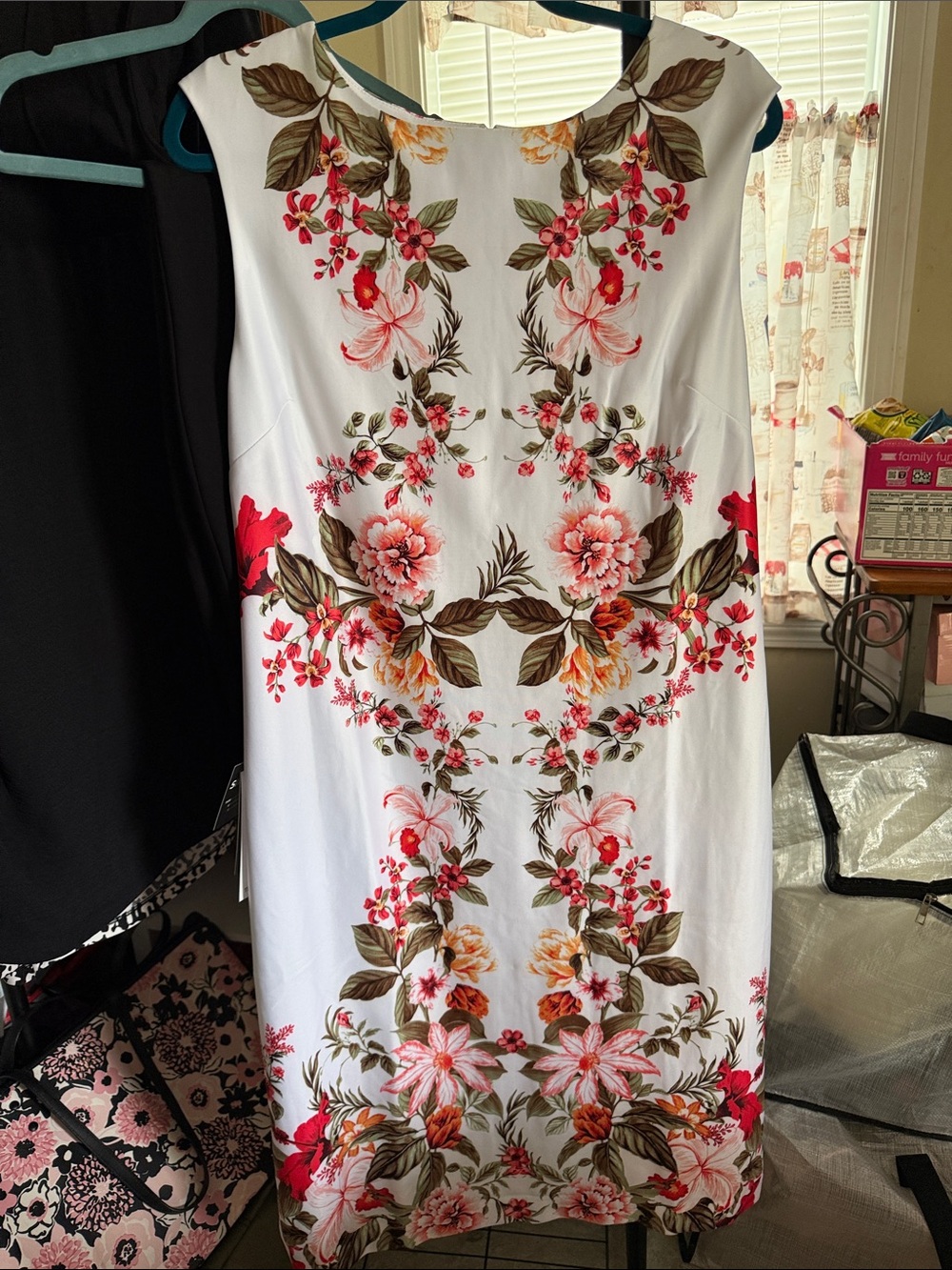 Donna Ricco White Floral Midi Sheath Dress with Pink, Red & Green